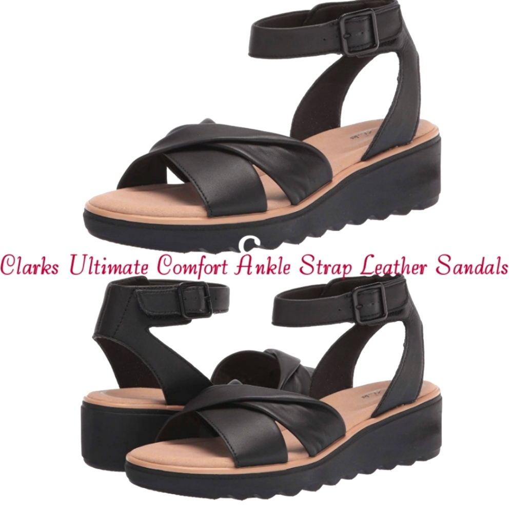 Clarks Ultimate Comfort Leather Platform Sandals with Ankle Strap Size 7
